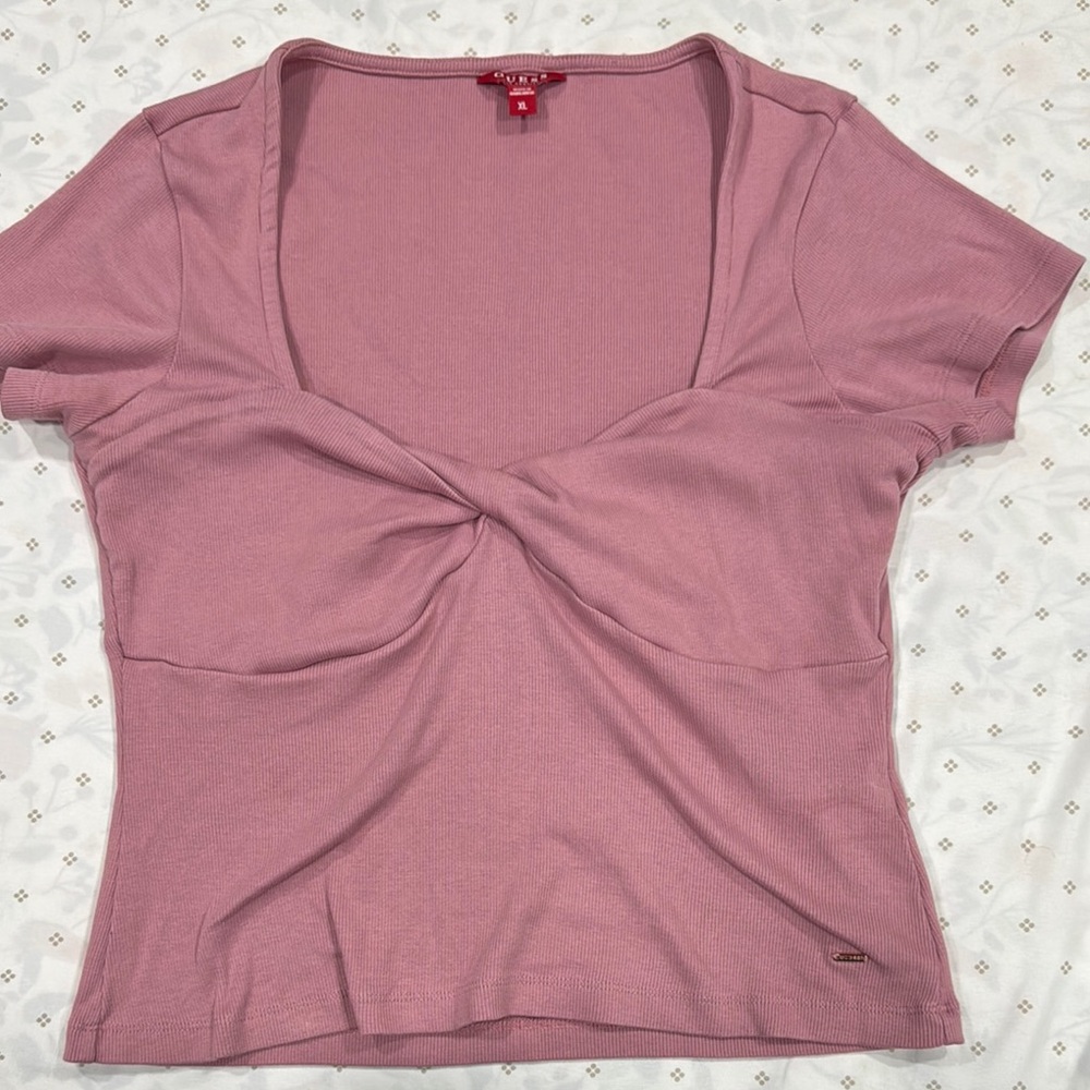 Guess Pink Tie Front Fitted Short Sleeve Blouse